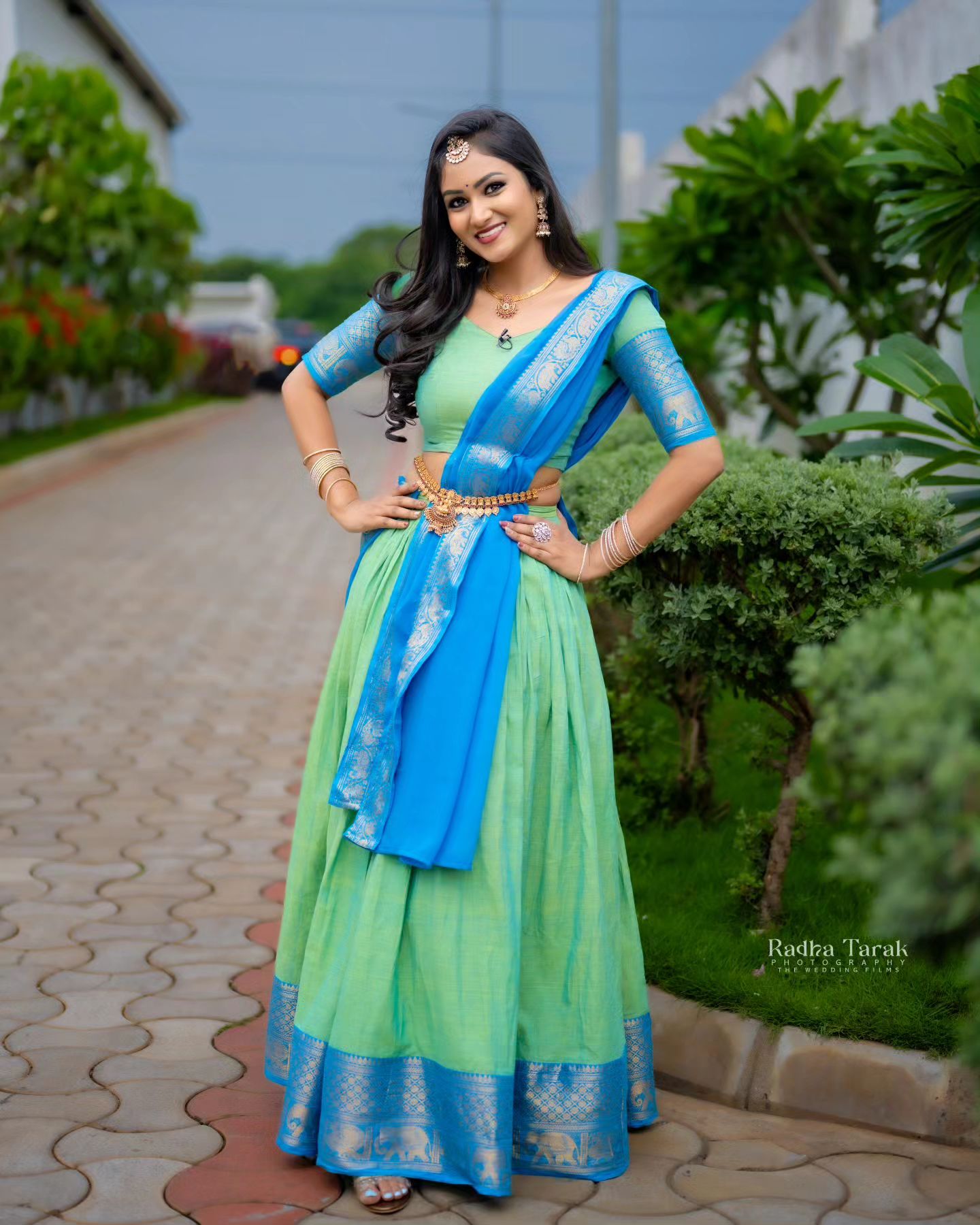 Mezos Aqua Blue & Parrot Green Banarasi Silk Half Saree Set | Amali Royal Heritage Collection