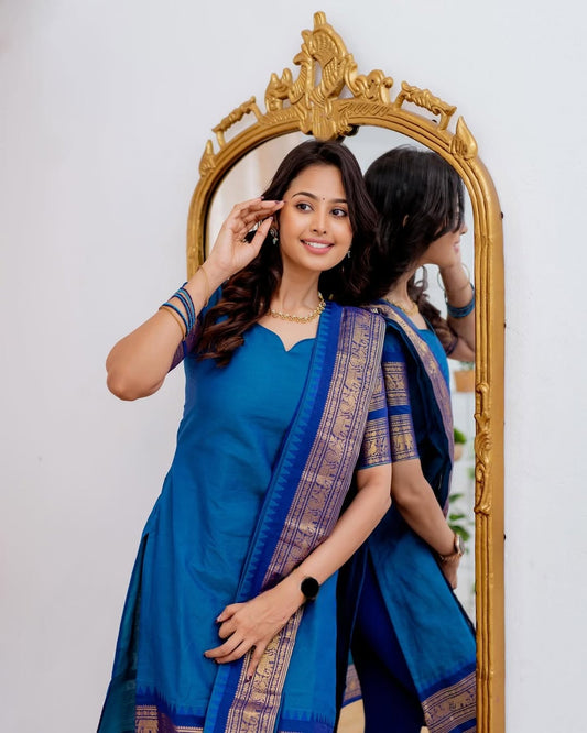 Mezos Royal Blue Cotton Silk Kurta with Golden Zari Dupatta – Elegant 2-Piece Set by Amali