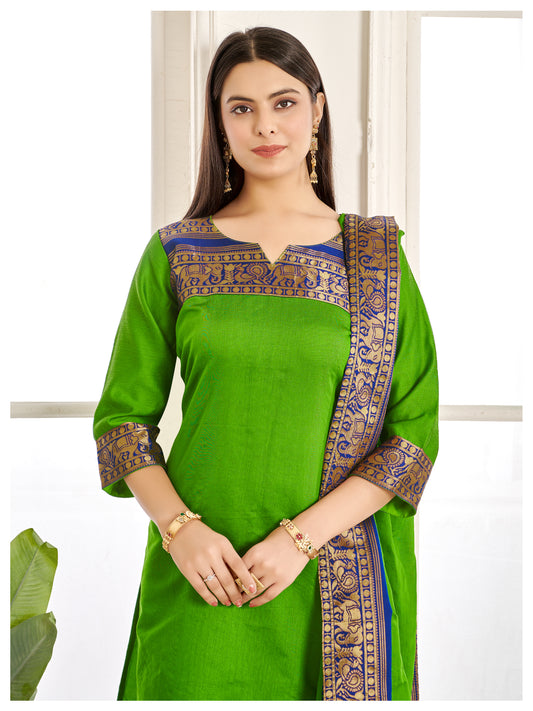 Mezos Parrot Green & Royal Blue Cotton Silk Suit Set with Golden Zari Border – Premium Ethnic Wear by Amali