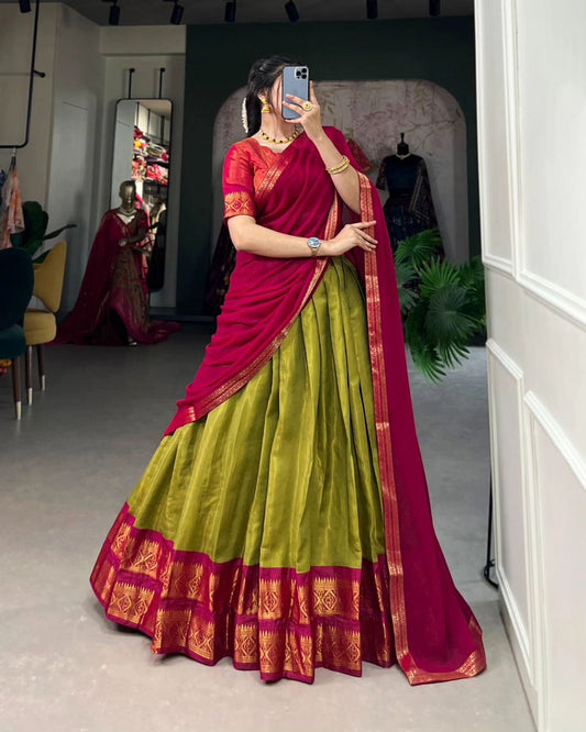 Mezos Olive Green & Rani Pink Banarasi Silk Half Saree Set | Amali Royal Heritage Collection