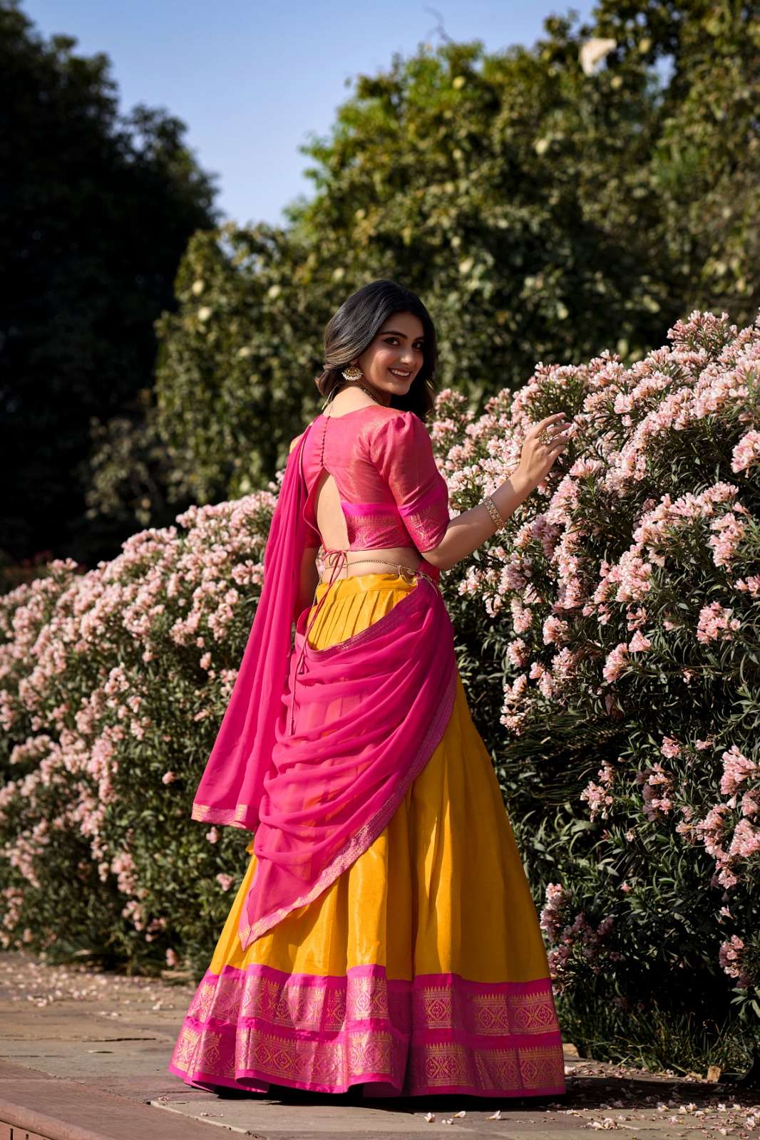 Mezos Magenta Pink & Golden Yellow Banarasi Silk Half Saree Set | Amali Royal Heritage Collection