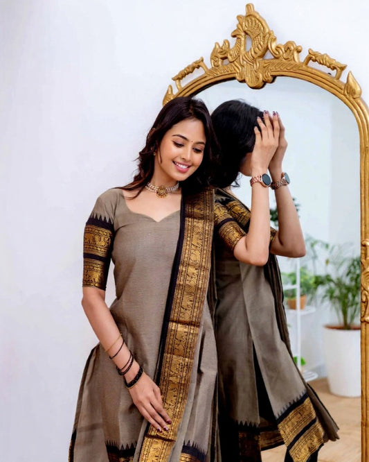 Mezos Grey & Black Cotton Silk Kurta with Golden Zari Dupatta – Elegant 2-Piece Set by Amali