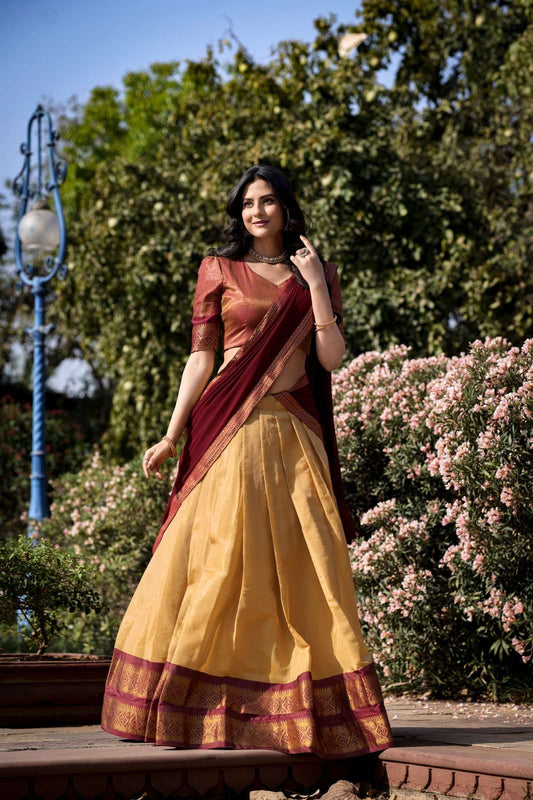 Gold & Maroon Banarasi Silk Zari Half Saree Set | Amali Royal Heritage Collection