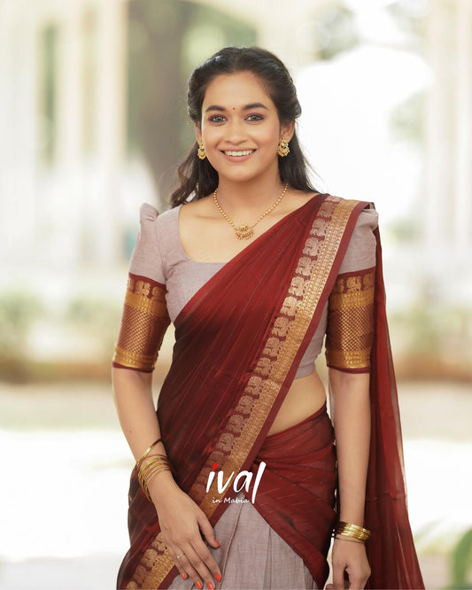 Mezos Maroon & Silver Grey Banarasi Silk Half Saree Set | Amali Royal Heritage Collection