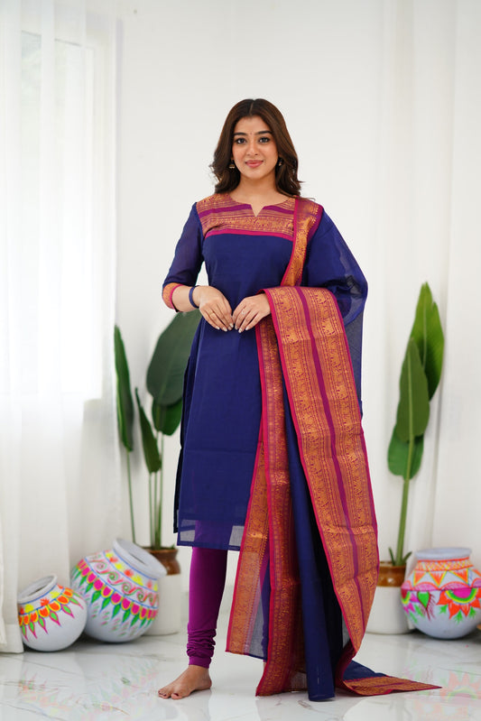 Mezos Navy Blue & Magenta Cotton Silk Suit Set with Golden Zari Border – Premium Ethnic Wear by Amali