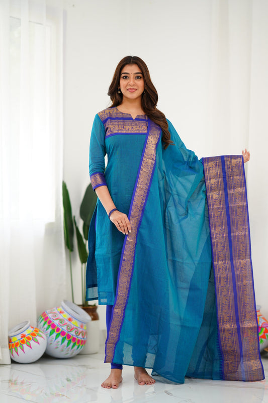 Mezos Royal Blue Cotton Silk Suit Set with Golden Zari Border – Premium Ethnic Wear by Amali