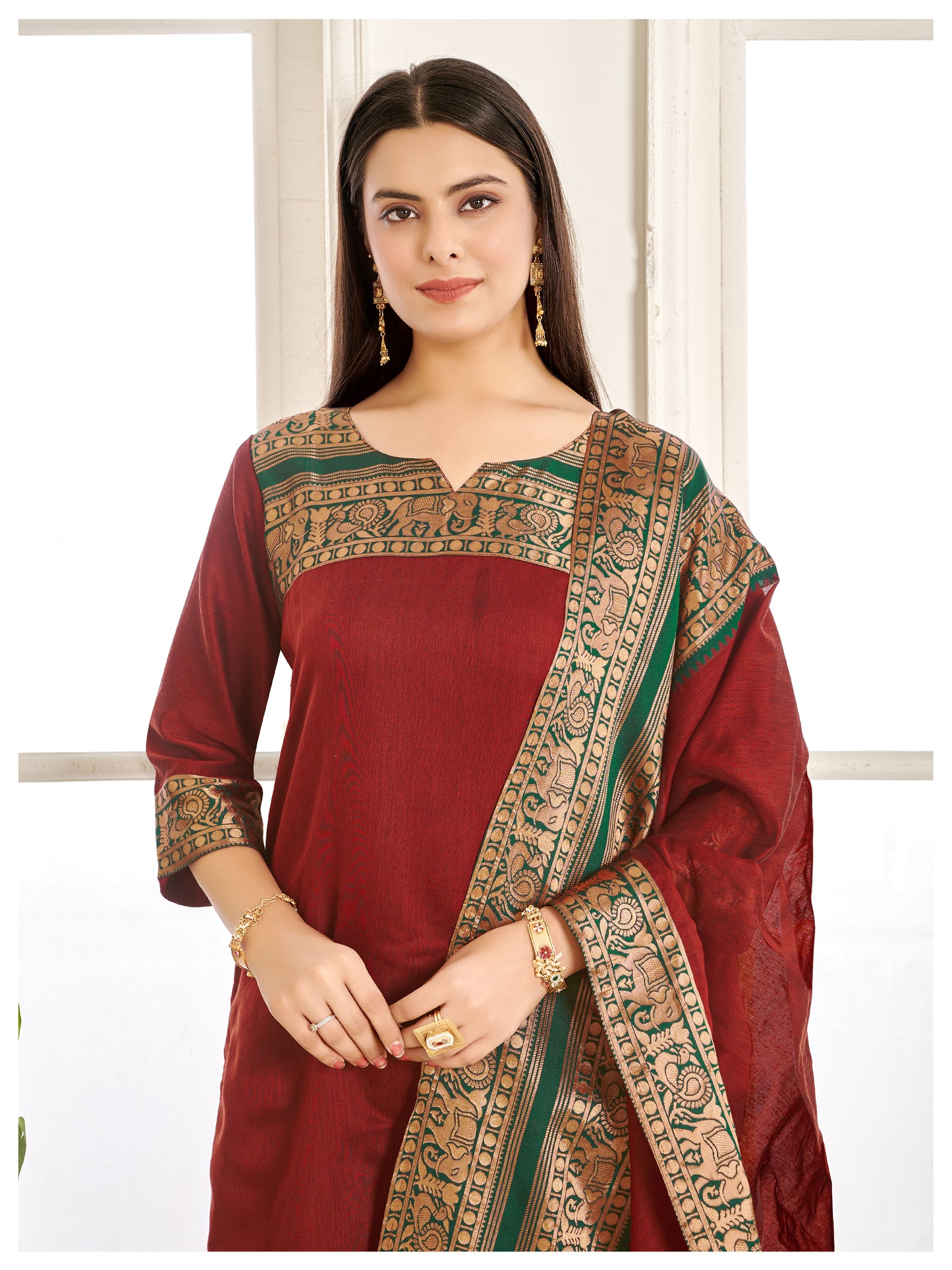 Mezos Maroon & Green Cotton Silk Suit Set with Golden Zari Border – Premium Ethnic Wear by Amali