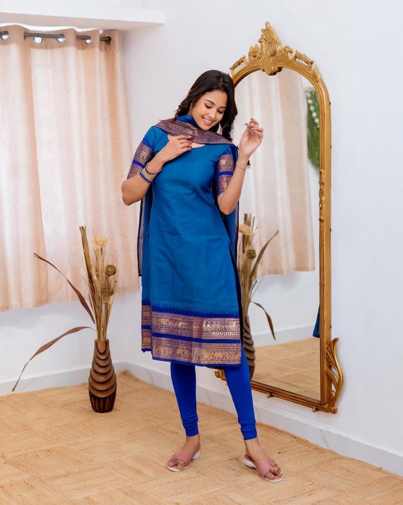 Mezos Royal Blue Cotton Silk Kurta with Golden Zari Dupatta – Elegant 2-Piece Set by Amali