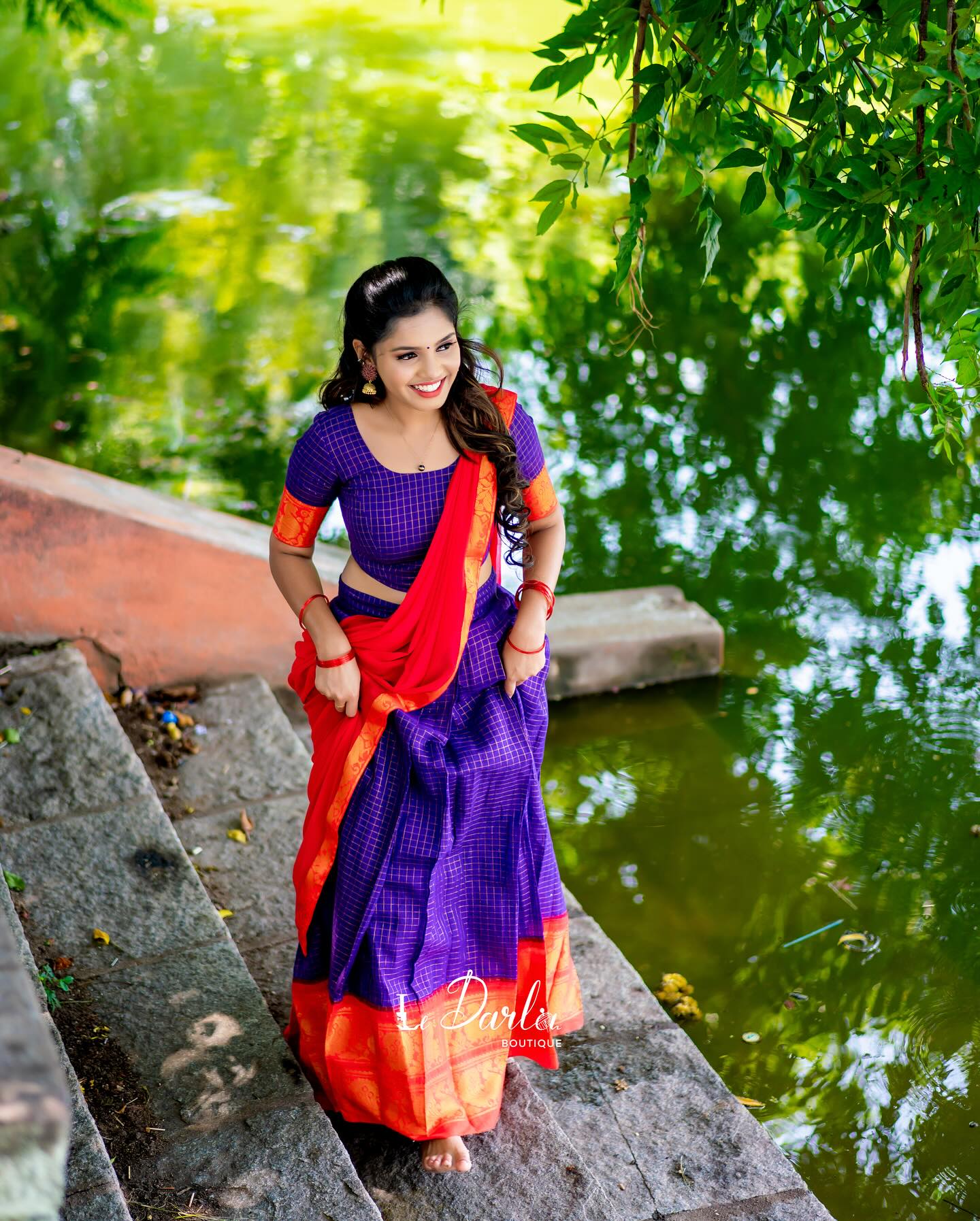 Mezos Royal Blue Checked & Red Banarasi Silk Zari Half Saree Set | Amali Royal Heritage Collection