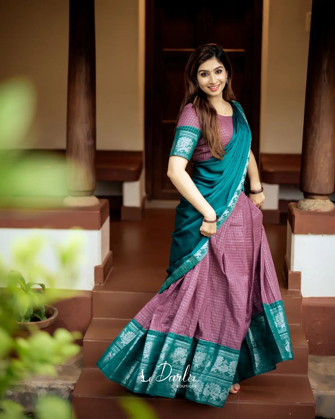 Mezos Teal Green & Mauve Checked Cotton Silk Half Saree Set | Amali Royal Heritage Collection