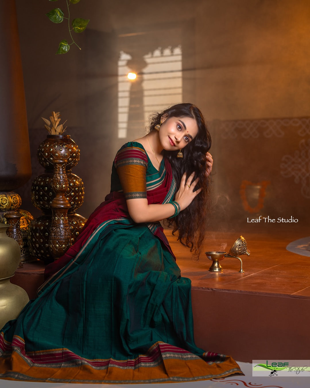 Mezos Bottle Green & Maroon Handloom Silk Half Saree Set | Amali Royal Heritage Collection