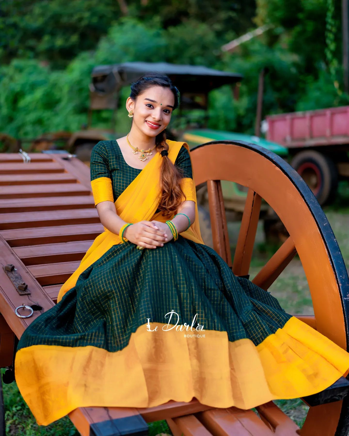 Mezos Yellow & Bottle Green Checked Cotton Silk Half Saree Set | Amali Royal Heritage Collection