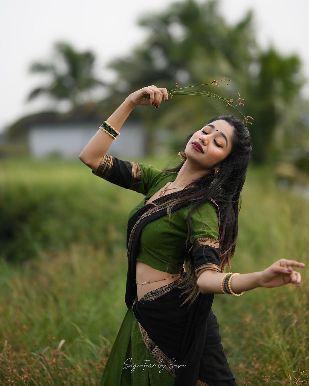 Mezos Olive Green & Black Banarasi Silk Zari Half Saree Set | Amali Royal Heritage Collection