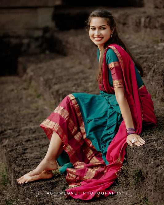 Mezos Teal Blue & Wine Banarasi Silk Zari Half Saree Set | Amali Royal Heritage Collection