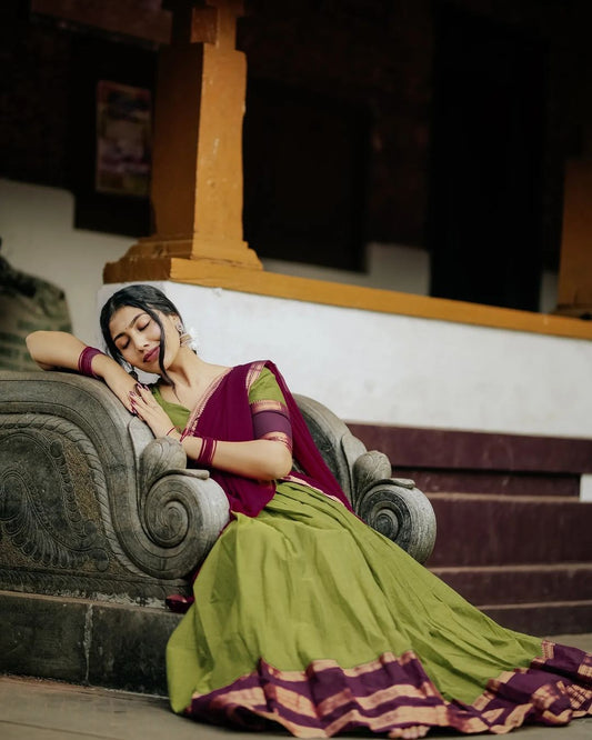 Mezos Olive Green & Wine Banarasi Silk Zari Half Saree Set | Amali Royal Heritage Collection