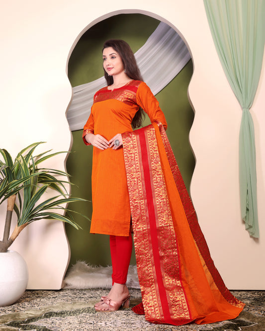 Mezos Rust Orange & Maroon Zari Border Cotton Silk Kurta with Dupatta – Premium Festive Kurta Set by Amali