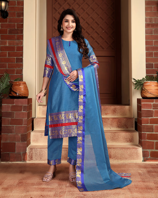 Mezos Sky Blue & Royal Blue Zari Border Cotton Silk Kurta with Dupatta and Salwar – Elegant Festive Wear by Amali