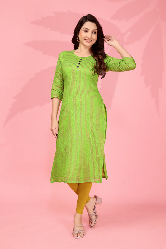 Lime Green Striped Cotton Silk Kurta – Elegant Straight Fit Women’s Kurti by Amali