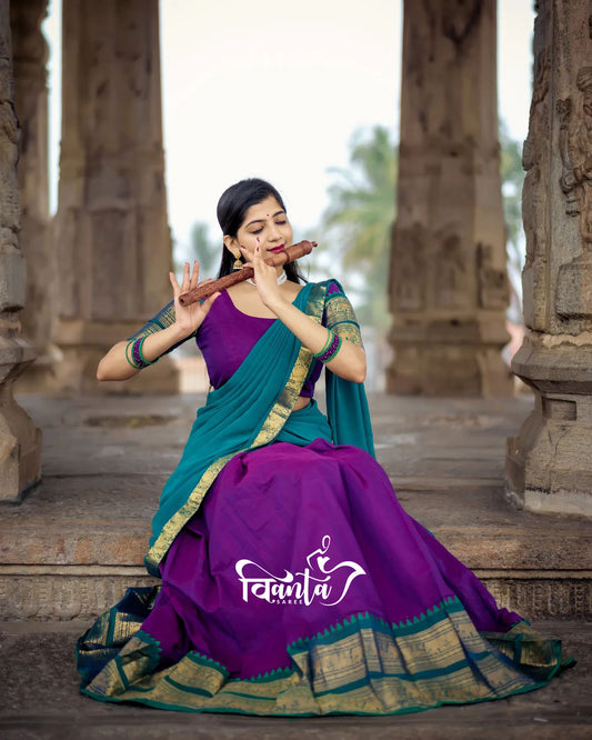 Mezos Purple & Teal Banarasi Kanjivaram Silk Zari Half Saree Set | Amali Traditional Heritage Collection