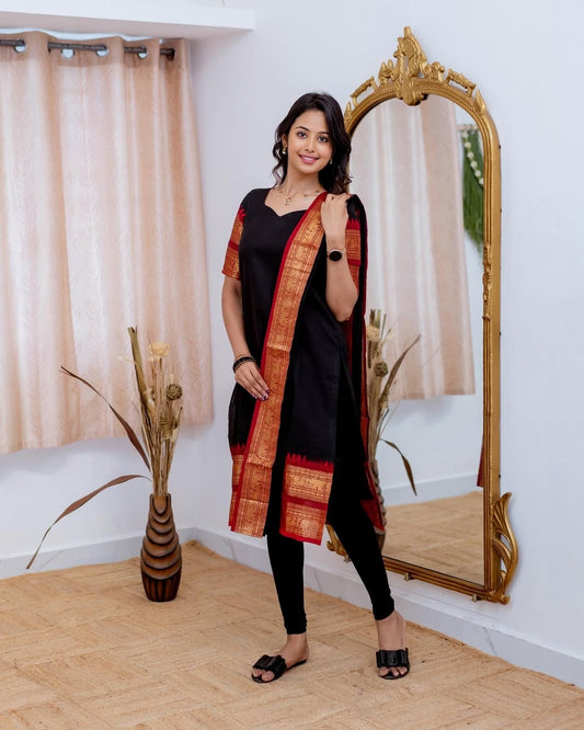 Mezos Black Cotton Silk Kurta with Red Golden Zari Dupatta – Elegant 2-Piece Set by Amali