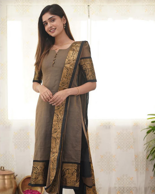 Mezos Olive Brown Cotton Silk Kurta with Golden Zari Dupatta – Elegant 2-Piece Set by Amali
