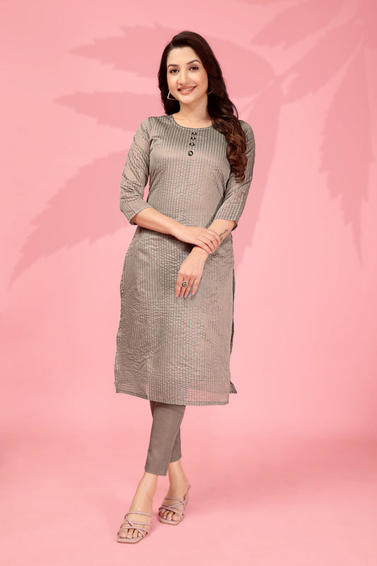 Mezos Silver Grey Striped Cotton Silk Kurta – Elegant Straight Fit Women’s Kurti by Amali