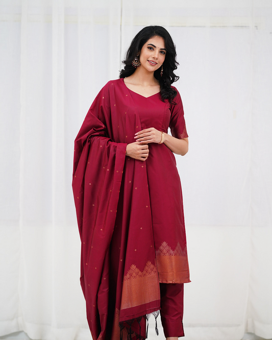 Mezos Maroon & Copper Zari Work Cotton Silk Kurta with Dupatta and Salwar – Elegant Festive Wear by Amali