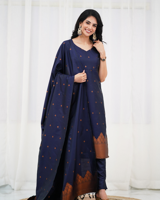 Mezos Navy Blue & Copper Zari Work Cotton Silk Kurta with Dupatta and Salwar – Premium Festive Set by Amali