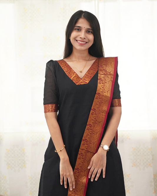 Mezos Black & Maroon Banarasi Border Cotton Kurta Set with Dupatta – Traditional Ethnic Wear by Amali