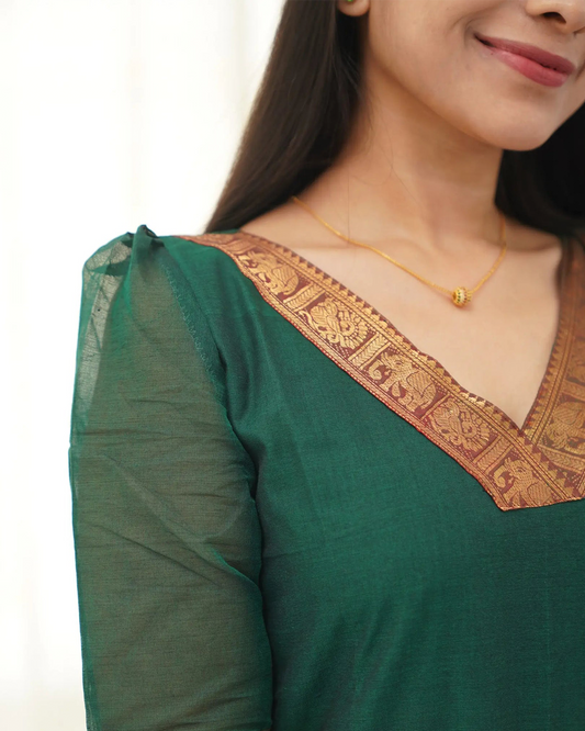 Mezos Deep Green & Maroon Zari Border Cotton Silk Kurta with Dupatta – Traditional Women’s Kurta Set by Amali