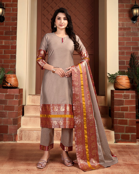 Mezos Beige & Maroon Zari Border Cotton Silk Kurta with Dupatta and Salwar – Elegant Festive Wear by Amali