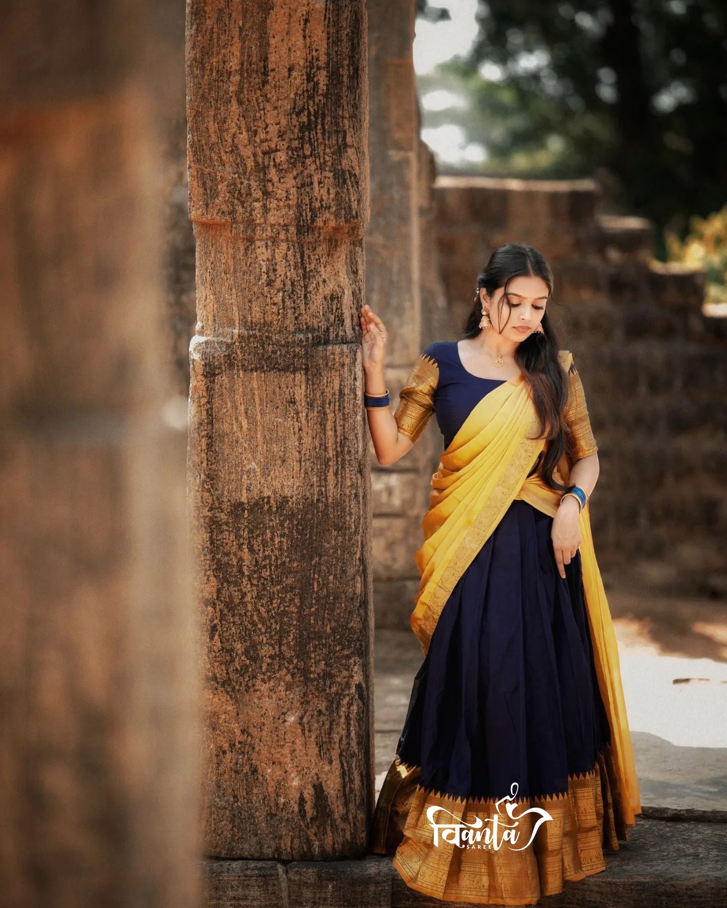 Mezos Navy Blue & Mustard Yellow Banarasi Kanjivaram Silk Zari Half Saree Set | Amali Signature Heritage Collection