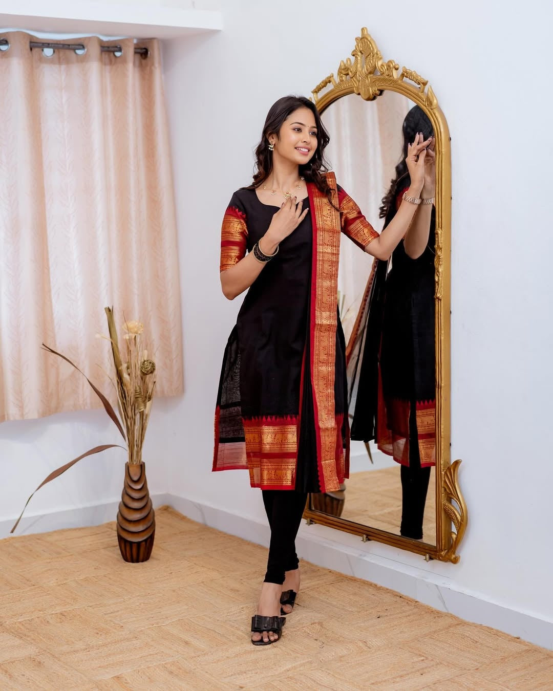Mezos Black Cotton Silk Kurta with Red Golden Zari Dupatta – Elegant 2-Piece Set by Amali