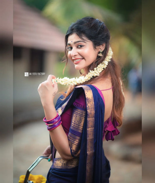 Mezos Royal Blue & Magenta Banarasi Kanjivaram Silk Zari Half Saree Set | Amali Premium Heritage Collection