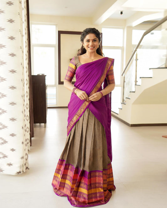 Mezos Purple & Coffee Brown Banarasi Silk Zari Half Saree Set | Amali Royal Heritage Collection