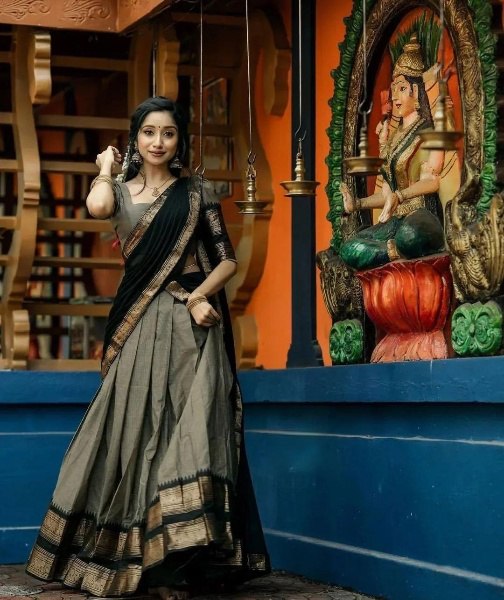 Mezos Elegant Grey & Black Kanjivaram Banarasi Silk Zari Half Saree Set | Amali Premium Festive Collection