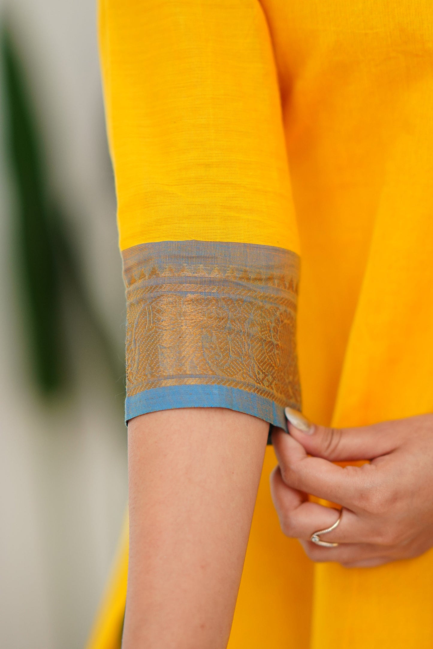 Mezos Yellow & Sky Blue Cotton Silk Suit Set with Golden Zari Border – Premium Ethnic Wear by Amali