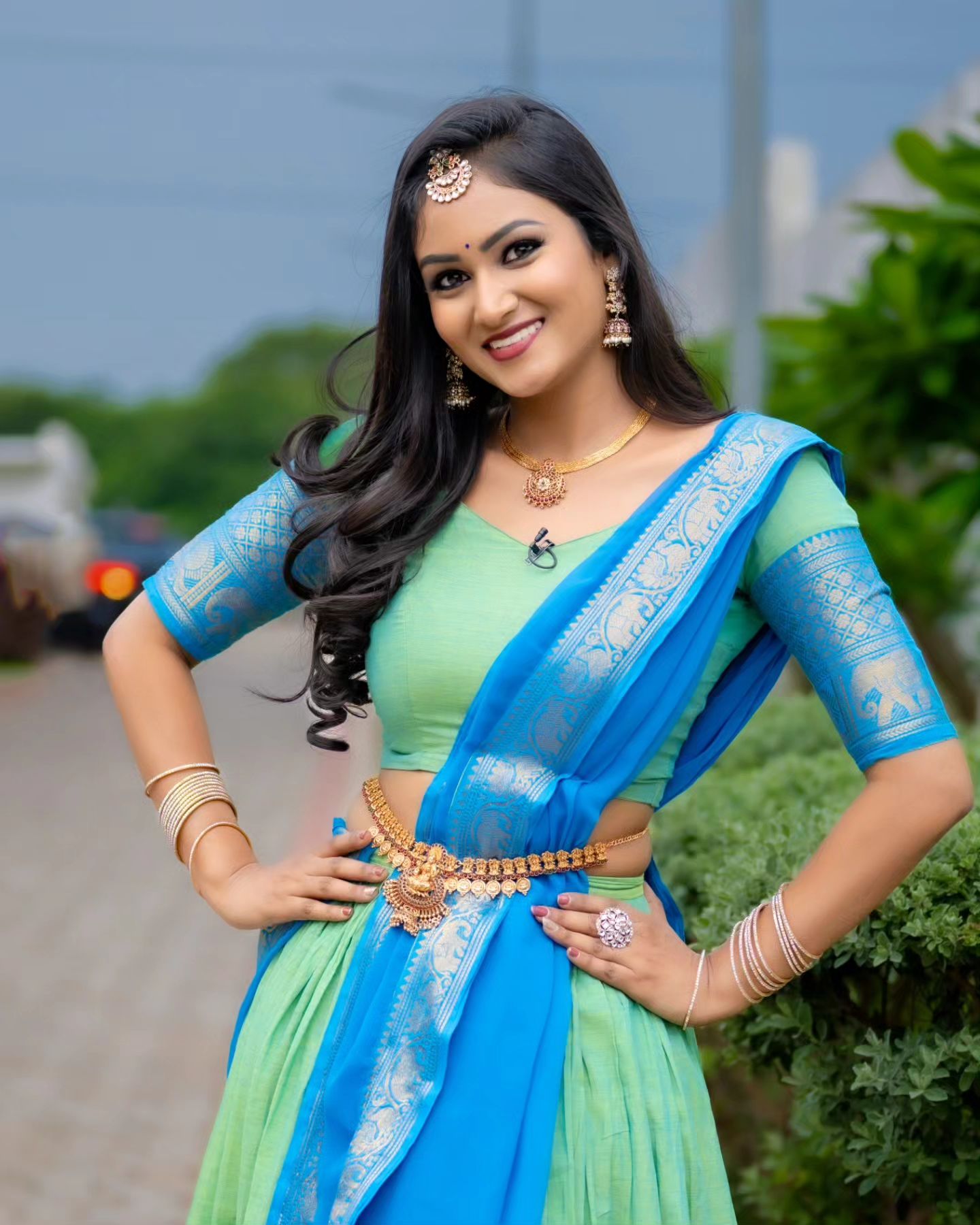 Mezos Aqua Blue & Parrot Green Banarasi Silk Half Saree Set | Amali Royal Heritage Collection