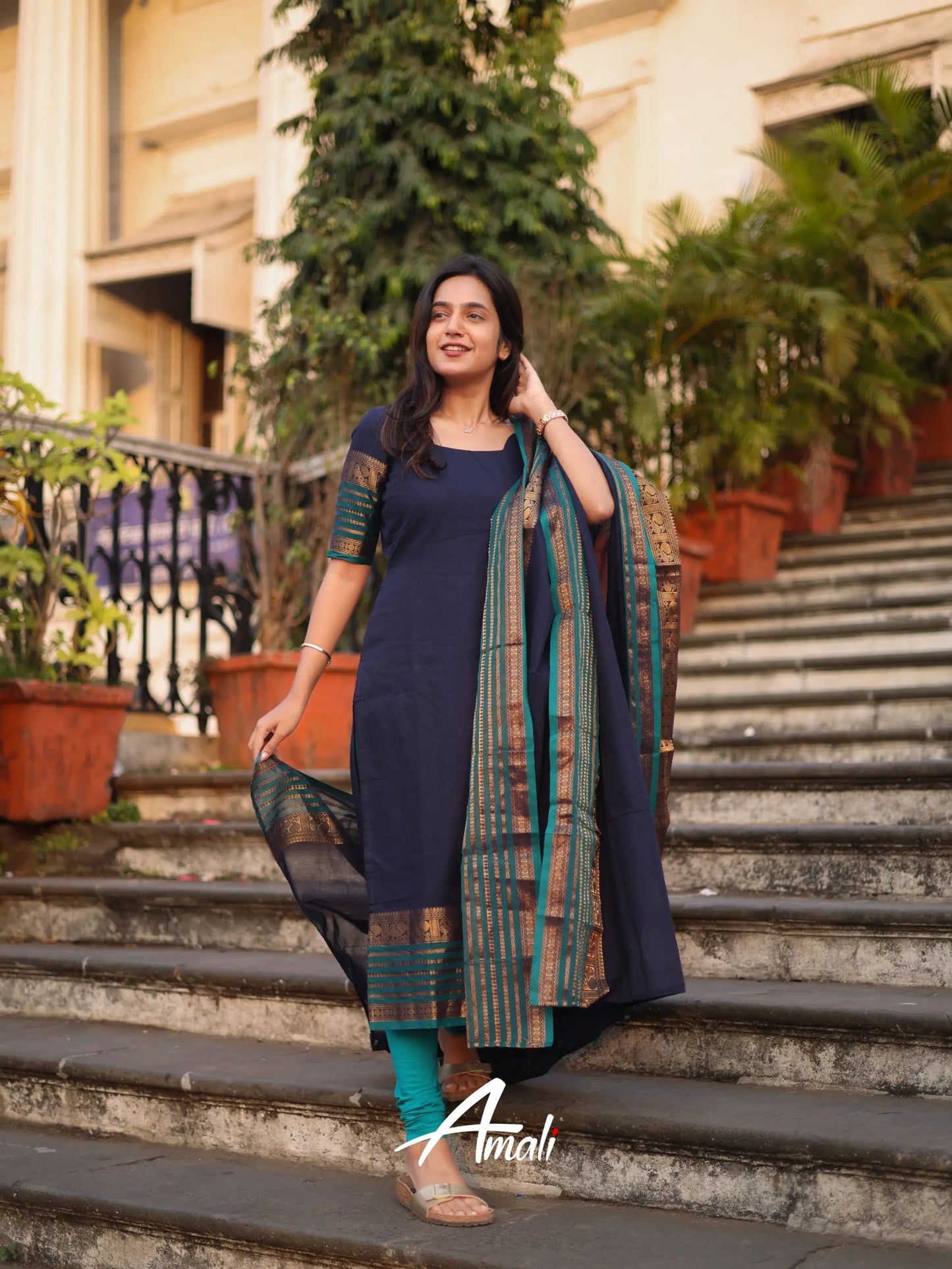 Mezos Navy Blue & Teal Cotton Silk Kurta with Golden Zari Dupatta – Elegant 2-Piece Set by Amali