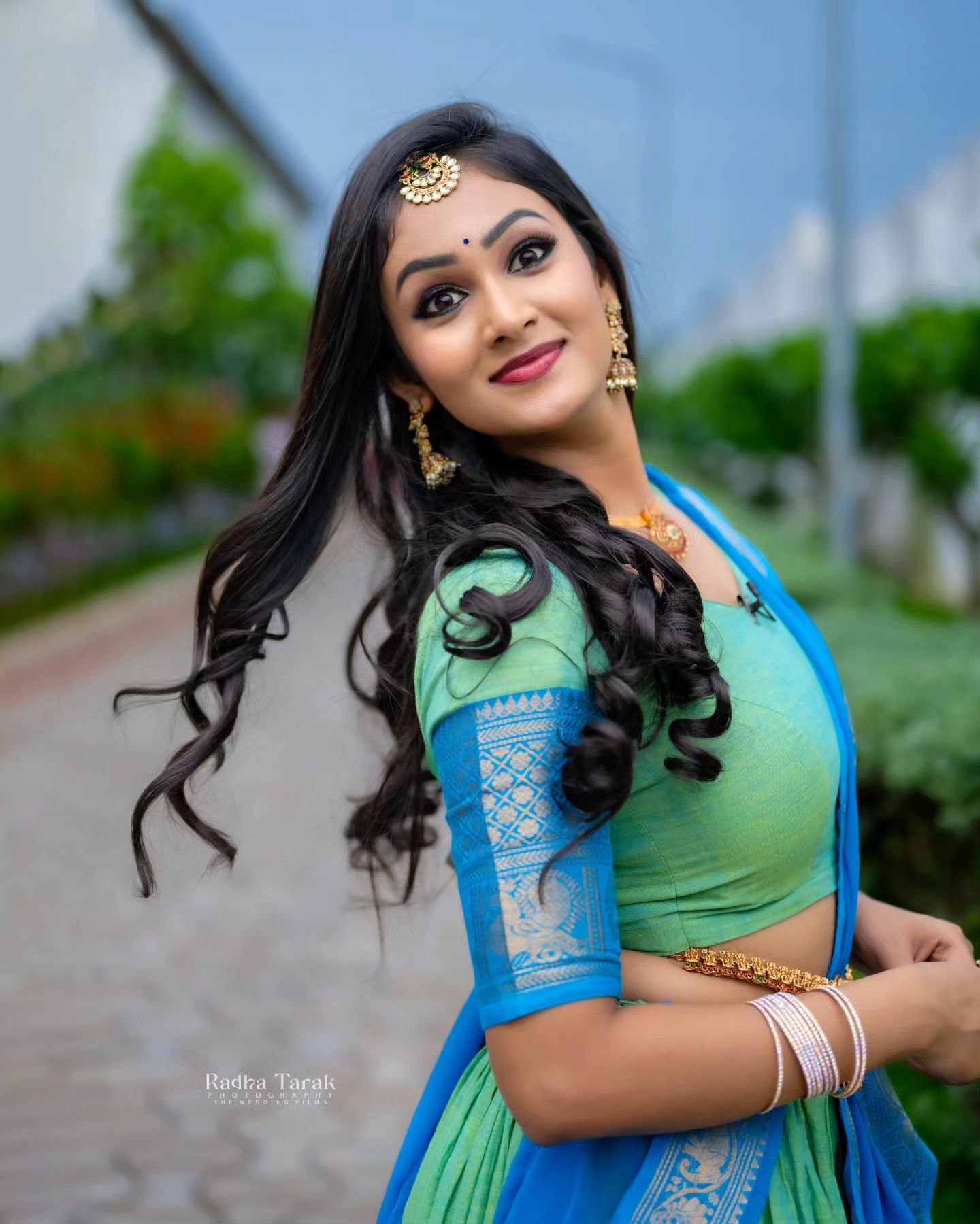 Mezos Aqua Blue & Parrot Green Banarasi Silk Half Saree Set | Amali Royal Heritage Collection