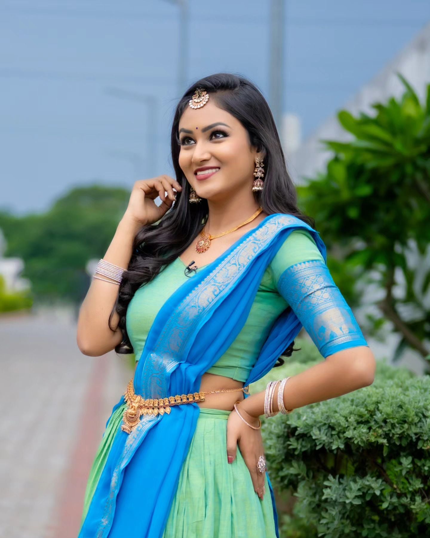 Mezos Aqua Blue & Parrot Green Banarasi Silk Half Saree Set | Amali Royal Heritage Collection