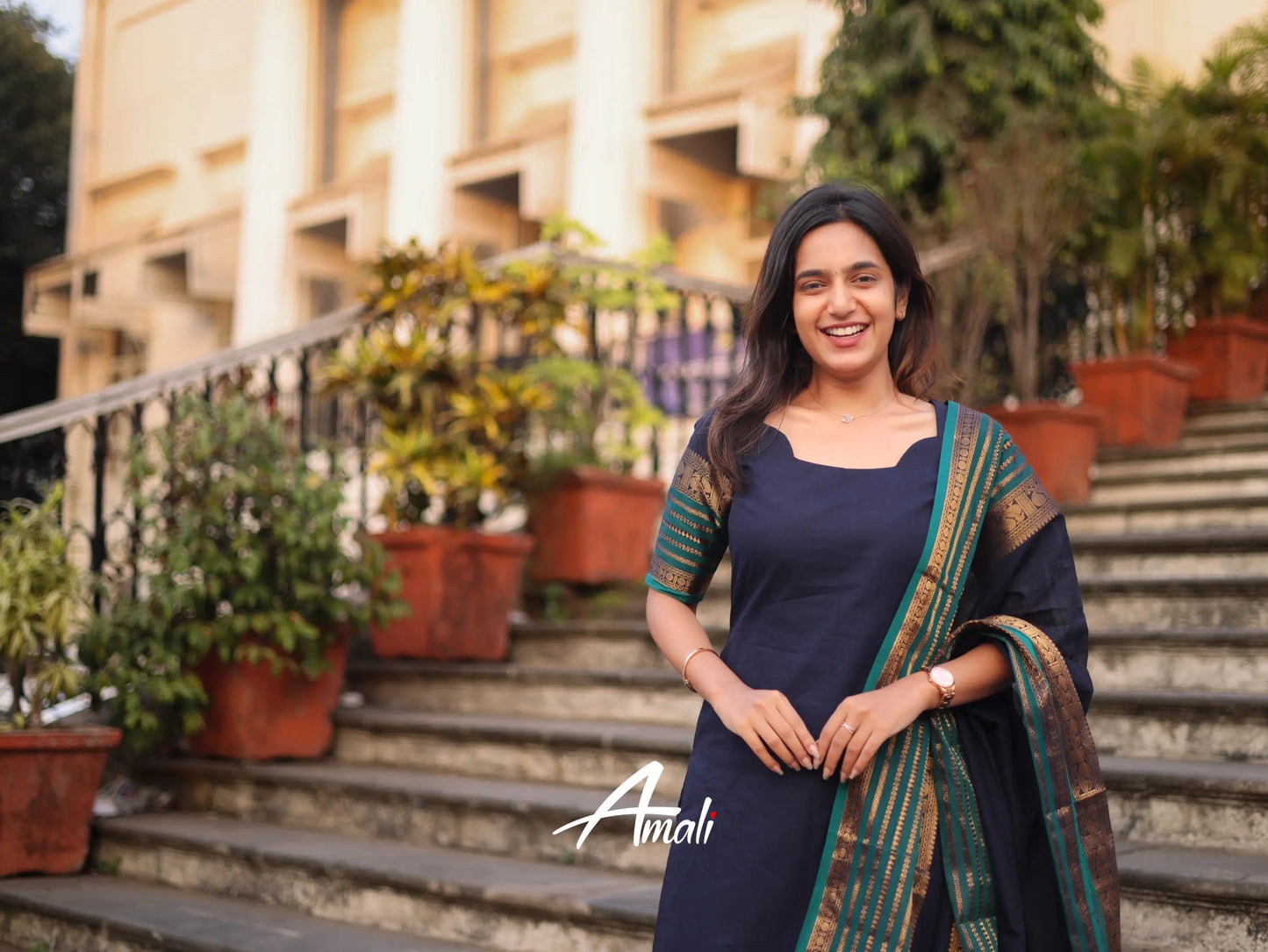 Mezos Navy Blue & Teal Cotton Silk Kurta with Golden Zari Dupatta – Elegant 2-Piece Set by Amali