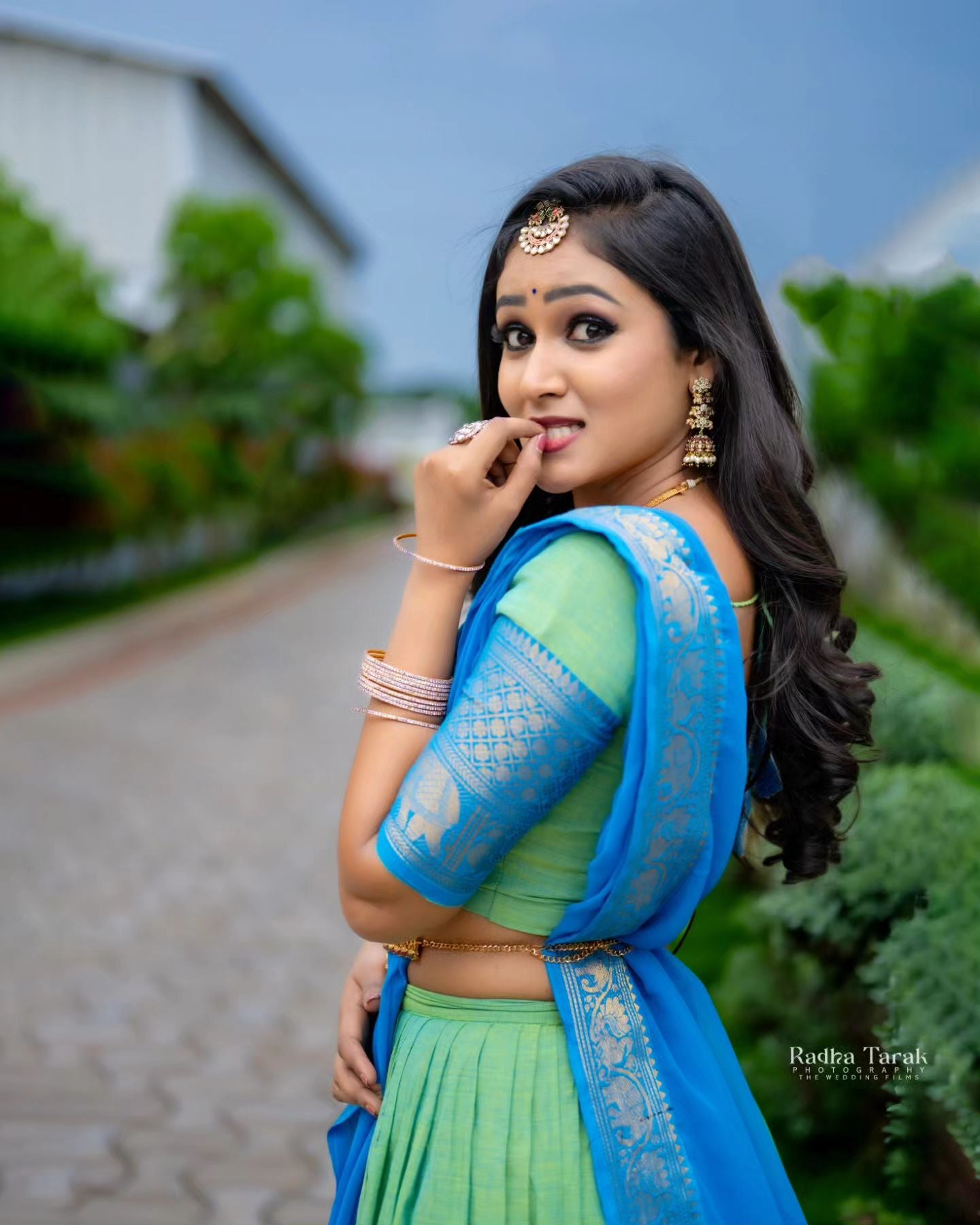 Mezos Aqua Blue & Parrot Green Banarasi Silk Half Saree Set | Amali Royal Heritage Collection