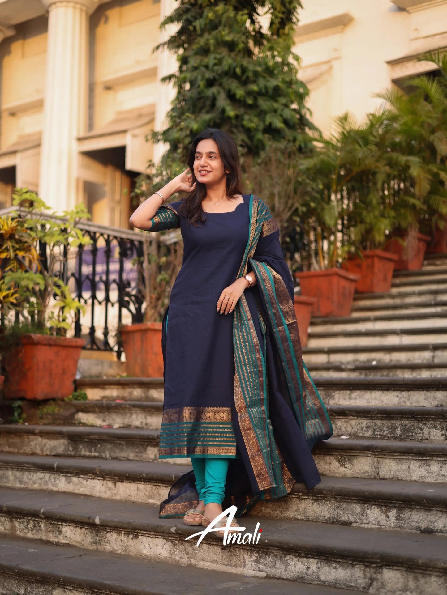 Mezos Navy Blue & Teal Cotton Silk Kurta with Golden Zari Dupatta – Elegant 2-Piece Set by Amali