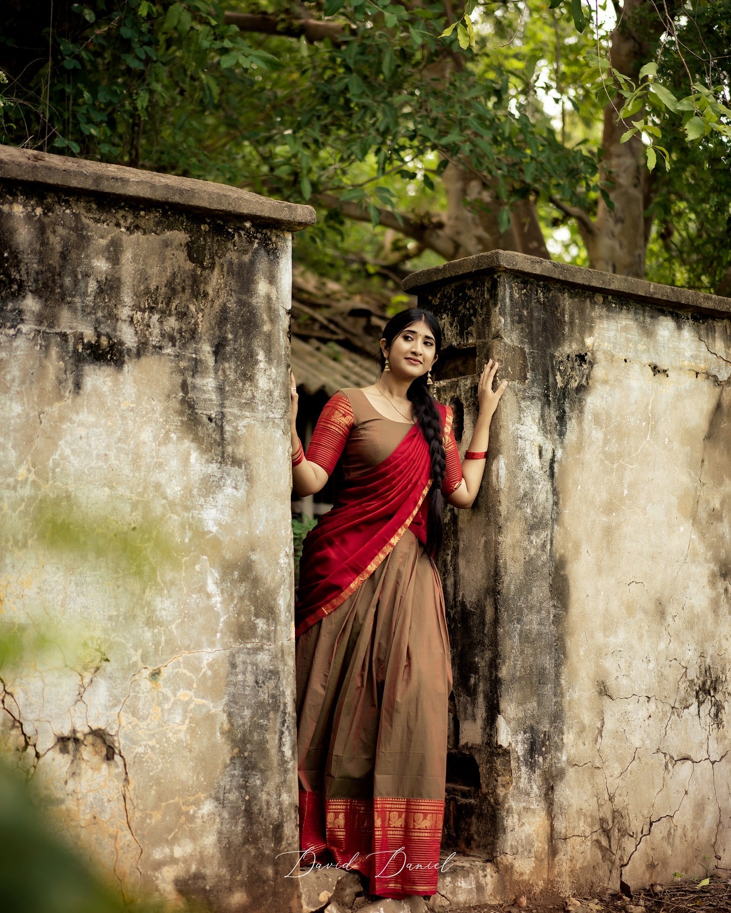 Mezos Brown & Maroon Banarasi Silk Zari Half Saree Set | Amali Royal Heritage Collection