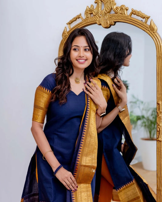 Mezos Navy Blue Cotton Silk Kurta with Golden Zari Dupatta – Elegant 2-Piece Set by Amali