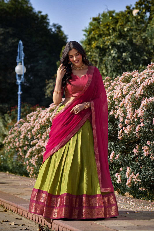 Mezos Olive Green & Rani Pink Banarasi Silk Half Saree Set | Amali Royal Heritage Collection