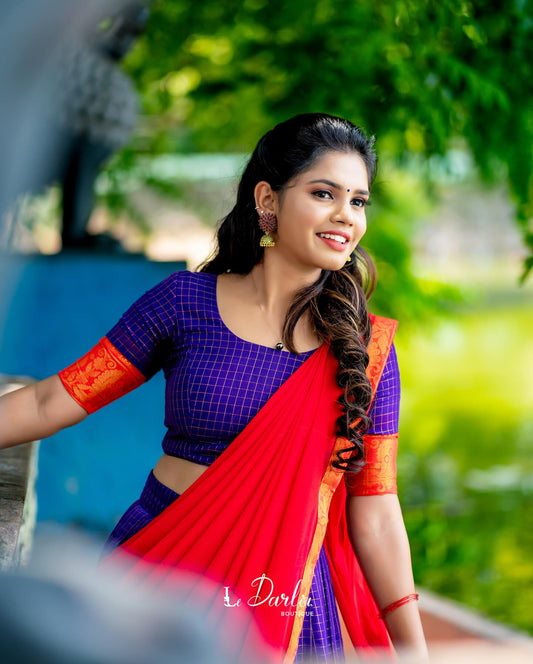 Mezos Royal Blue Checked & Red Banarasi Silk Zari Half Saree Set | Amali Royal Heritage Collection