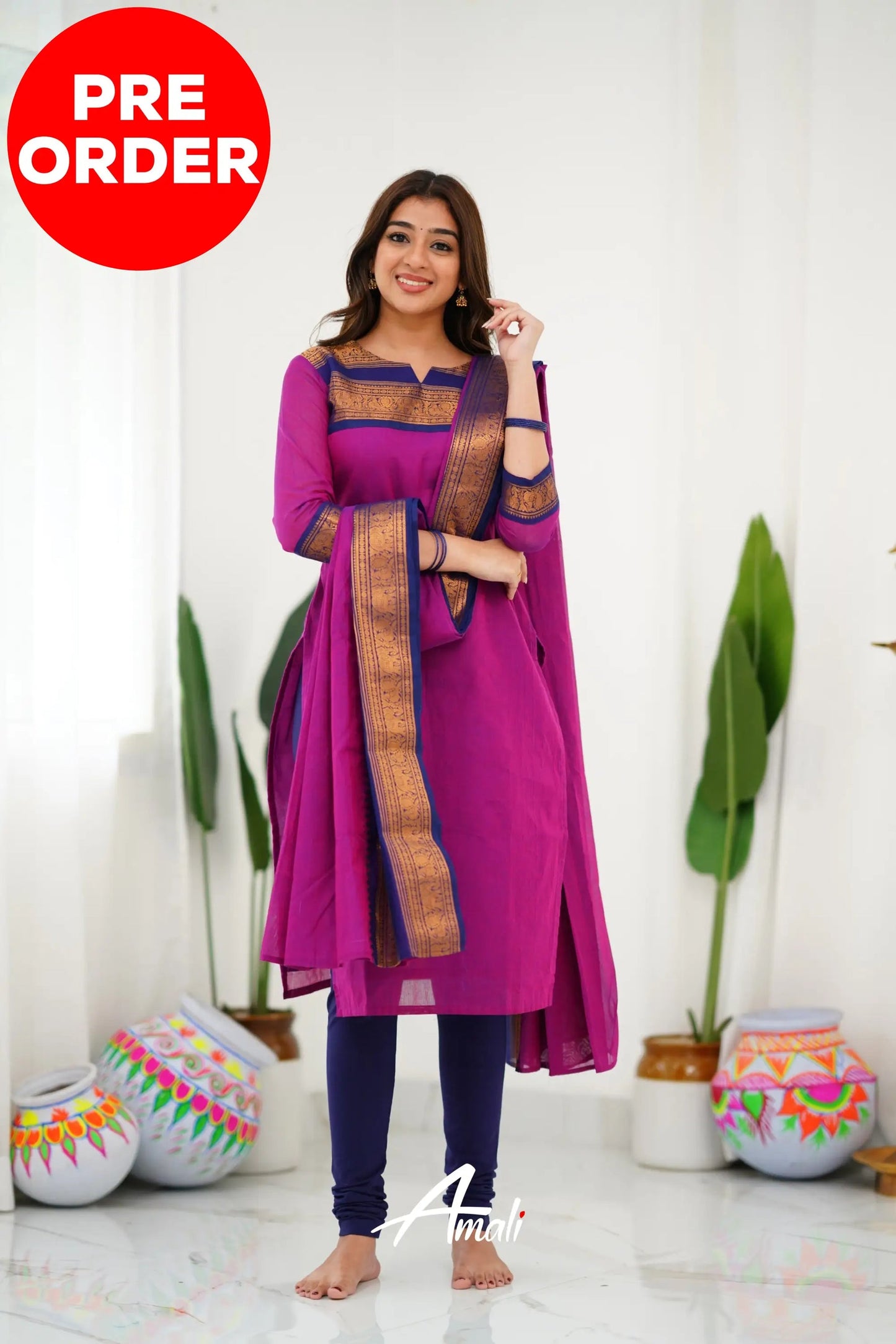 Mezos Magenta & Navy Cotton Silk Suit Set with Golden Zari Border – Premium Ethnic Wear by Amali