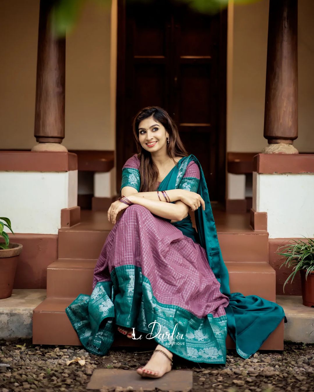 Mezos Teal Green & Mauve Checked Cotton Silk Half Saree Set | Amali Royal Heritage Collection